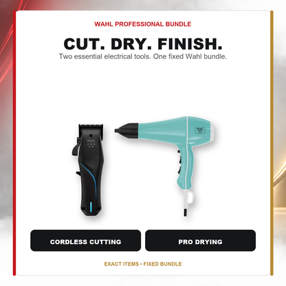Wahl Vapor Cordless + Power Dry Aqua Duo feature overview showing Wahl Vapor Cordless Clipper with Low Profile Charge Stand and Wahl Power Dry 2000W Tourmaline Ionic Hair Dryer — Aqua