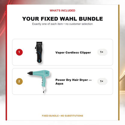 Wahl Vapor Cordless + Power Dry Aqua Duo what’s included: one Wahl Vapor Cordless Clipper with Low Profile Charge Stand, one Wahl Power Dry 2000W Tourmaline Ionic Hair Dryer — Aqua