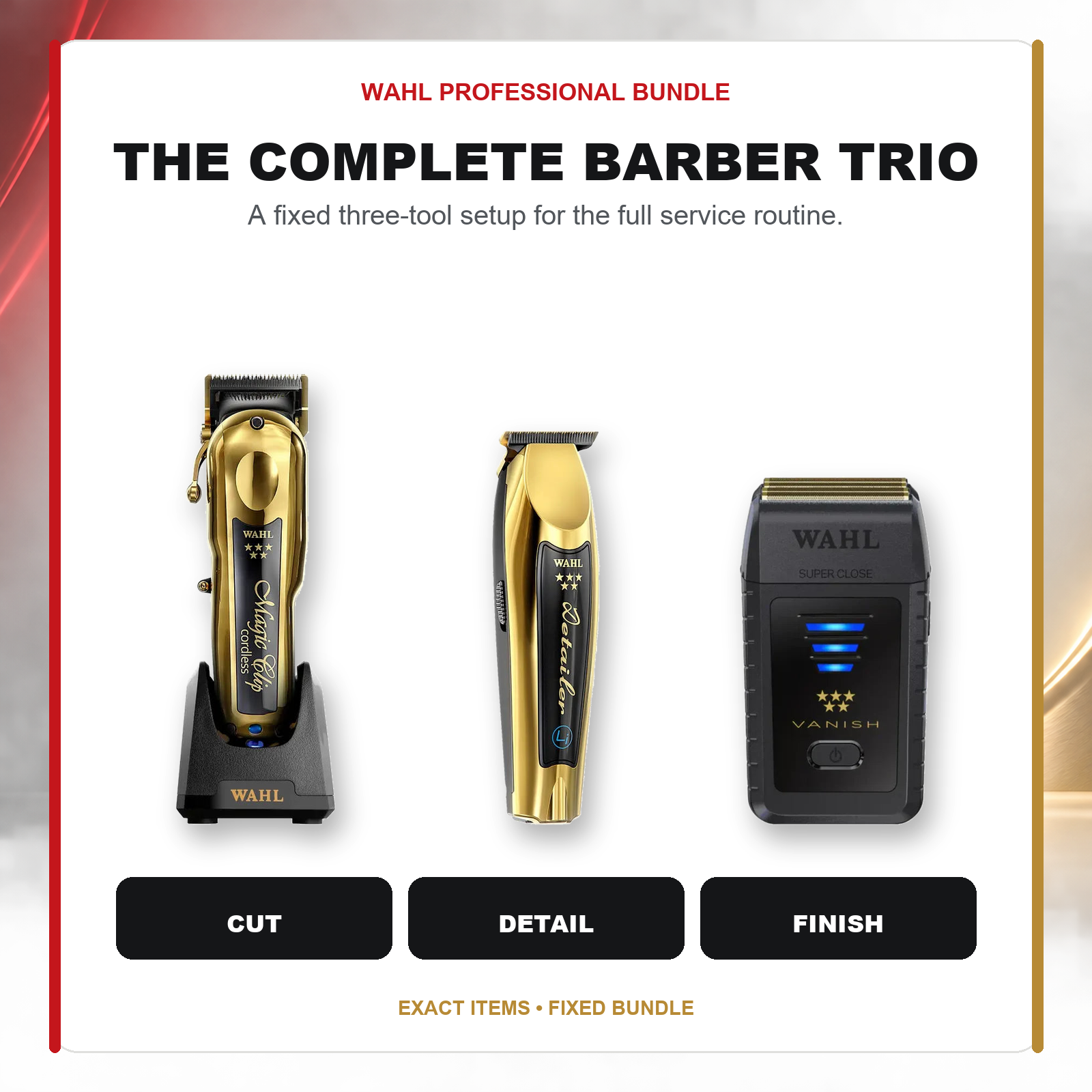 Wahl Gold Barber Trio – Clipper, Trimmer & Shaver feature overview showing Wahl 5 Star Gold Cordless Magic Clip and Wahl 5 Star Cordless Detailer Li Trimmer – Gold and Wahl Professional 5 Star Vanish Foil Shaver