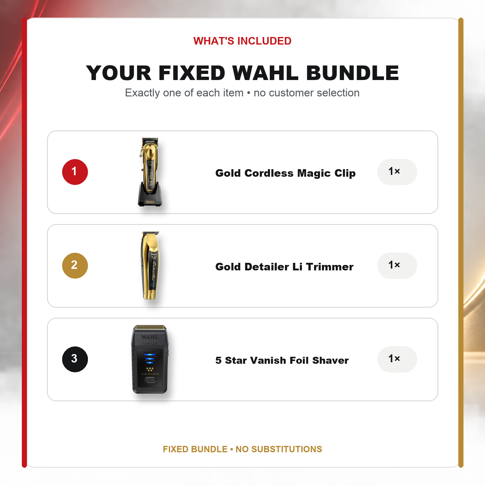 Wahl Gold Barber Trio – Clipper, Trimmer & Shaver what’s included: one Wahl 5 Star Gold Cordless Magic Clip, one Wahl 5 Star Cordless Detailer Li Trimmer – Gold, one Wahl Professional 5 Star Vanish Foil Shaver