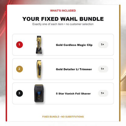 Wahl Gold Barber Trio – Clipper, Trimmer & Shaver what’s included: one Wahl 5 Star Gold Cordless Magic Clip, one Wahl 5 Star Cordless Detailer Li Trimmer – Gold, one Wahl Professional 5 Star Vanish Foil Shaver