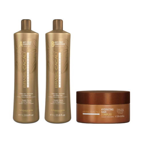 Brasil Cacau Anti Frizz Shampoo 1000ml, Keratin Anti Frizz Conditioner 1000ml & Hydrating Hair Complex 200ml Trio