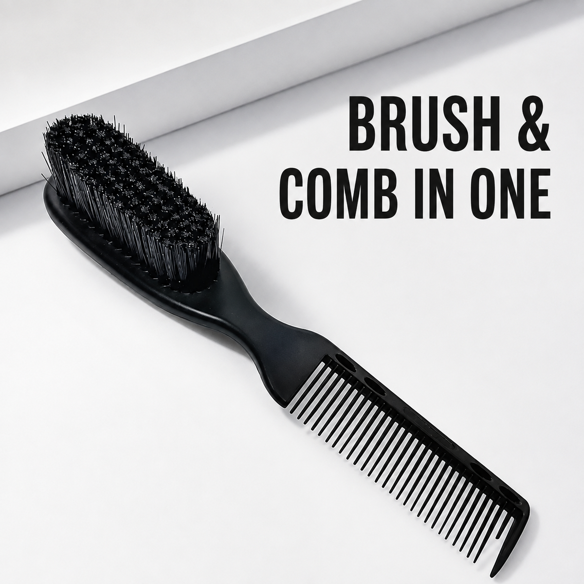 Black 2-in-1 Fade Brush and Comb with Brush & Comb in One benefit text