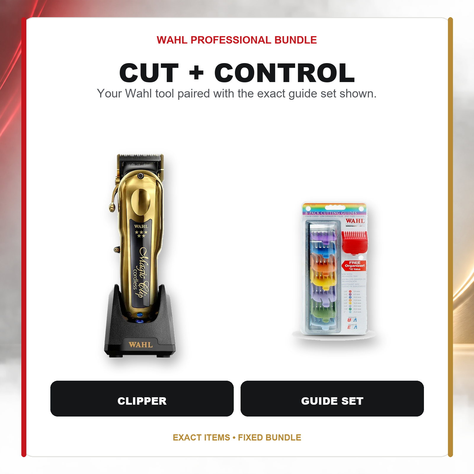 Wahl Gold Magic Clip + 8-Pack Cutting Guides feature overview showing Wahl 5 Star Gold Cordless Magic Clip and Wahl 8 Packs Cutting Guides