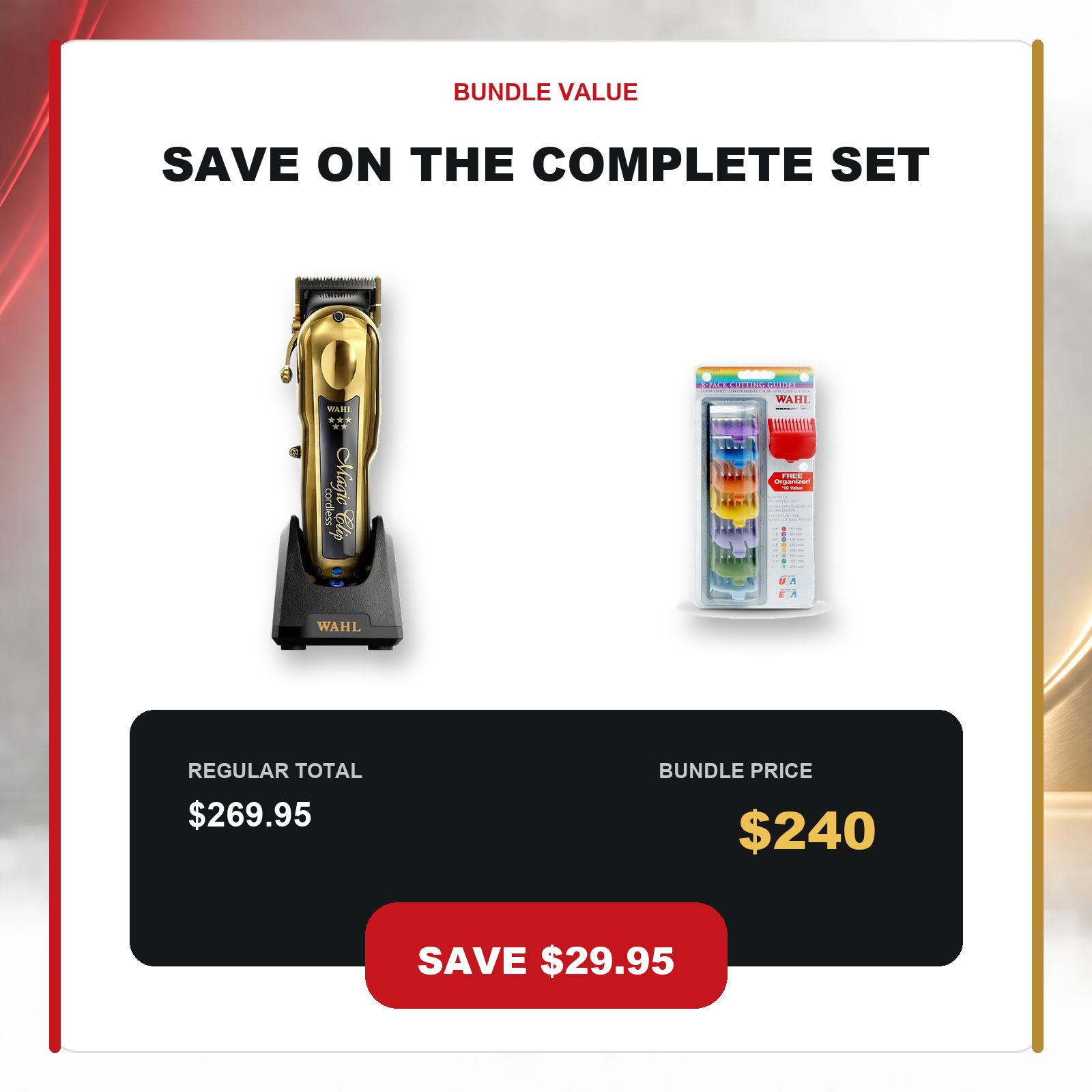 Wahl Gold Magic Clip + 8-Pack Cutting Guides value graphic showing $29.95 AUD savings