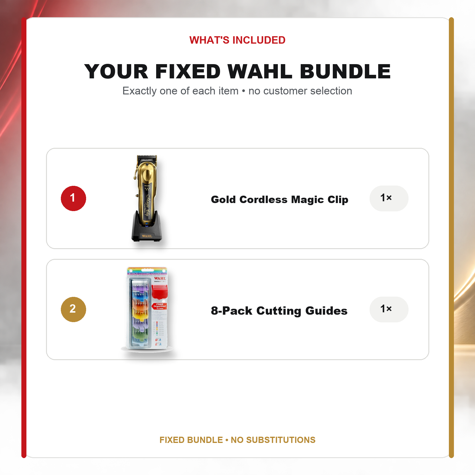 Wahl Gold Magic Clip + 8-Pack Cutting Guides what’s included: one Wahl 5 Star Gold Cordless Magic Clip, one Wahl 8 Packs Cutting Guides