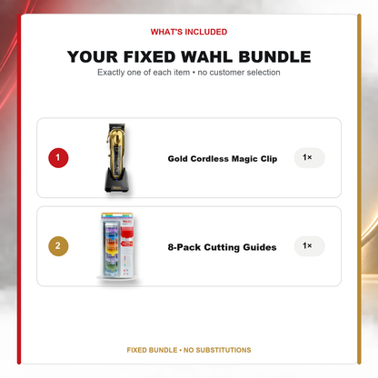 Wahl Gold Magic Clip + 8-Pack Cutting Guides what’s included: one Wahl 5 Star Gold Cordless Magic Clip, one Wahl 8 Packs Cutting Guides