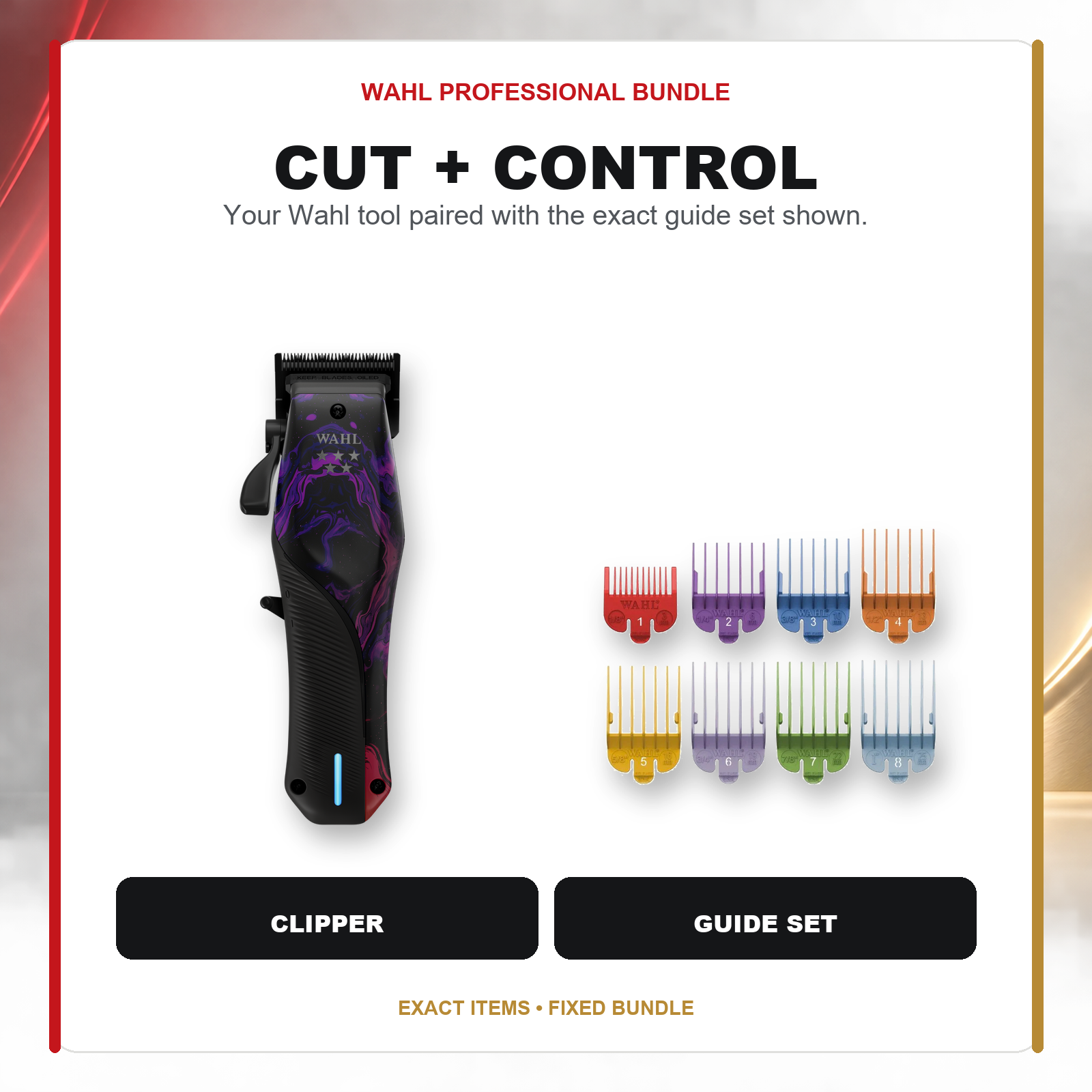 Wahl Vapor Space + Colour Coded Guard Set feature overview showing Wahl 5-Star Vapor Space Limited Edition Cordless Clipper with Charging Stand and Wahl Colour Coded Clipper Guard Set 1–8 – Attachment Combs for Wahl Clippers