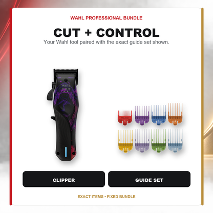 Wahl Vapor Space + Colour Coded Guard Set feature overview showing Wahl 5-Star Vapor Space Limited Edition Cordless Clipper with Charging Stand and Wahl Colour Coded Clipper Guard Set 1–8 – Attachment Combs for Wahl Clippers