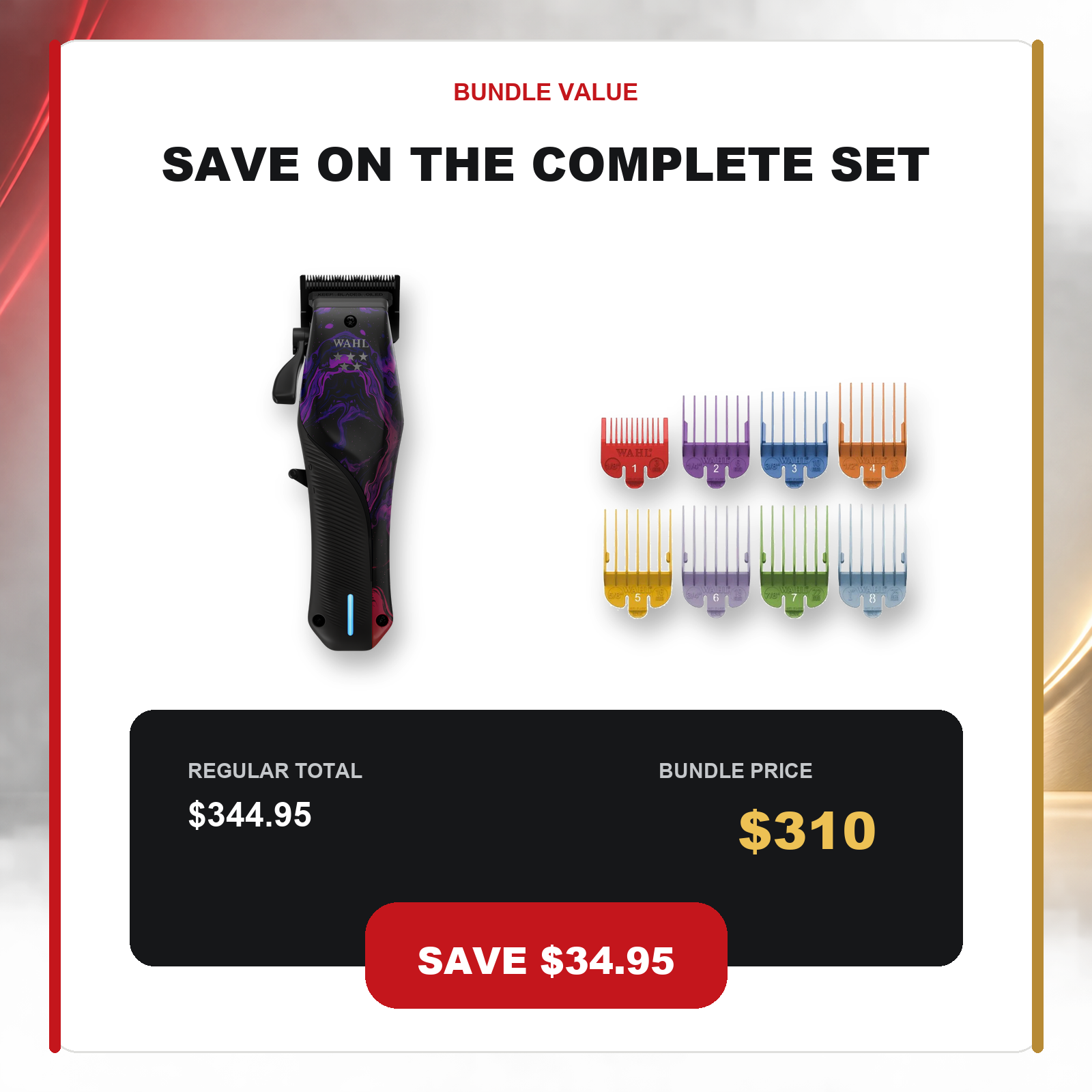 Wahl Vapor Space + Colour Coded Guard Set value graphic showing $34.95 AUD savings