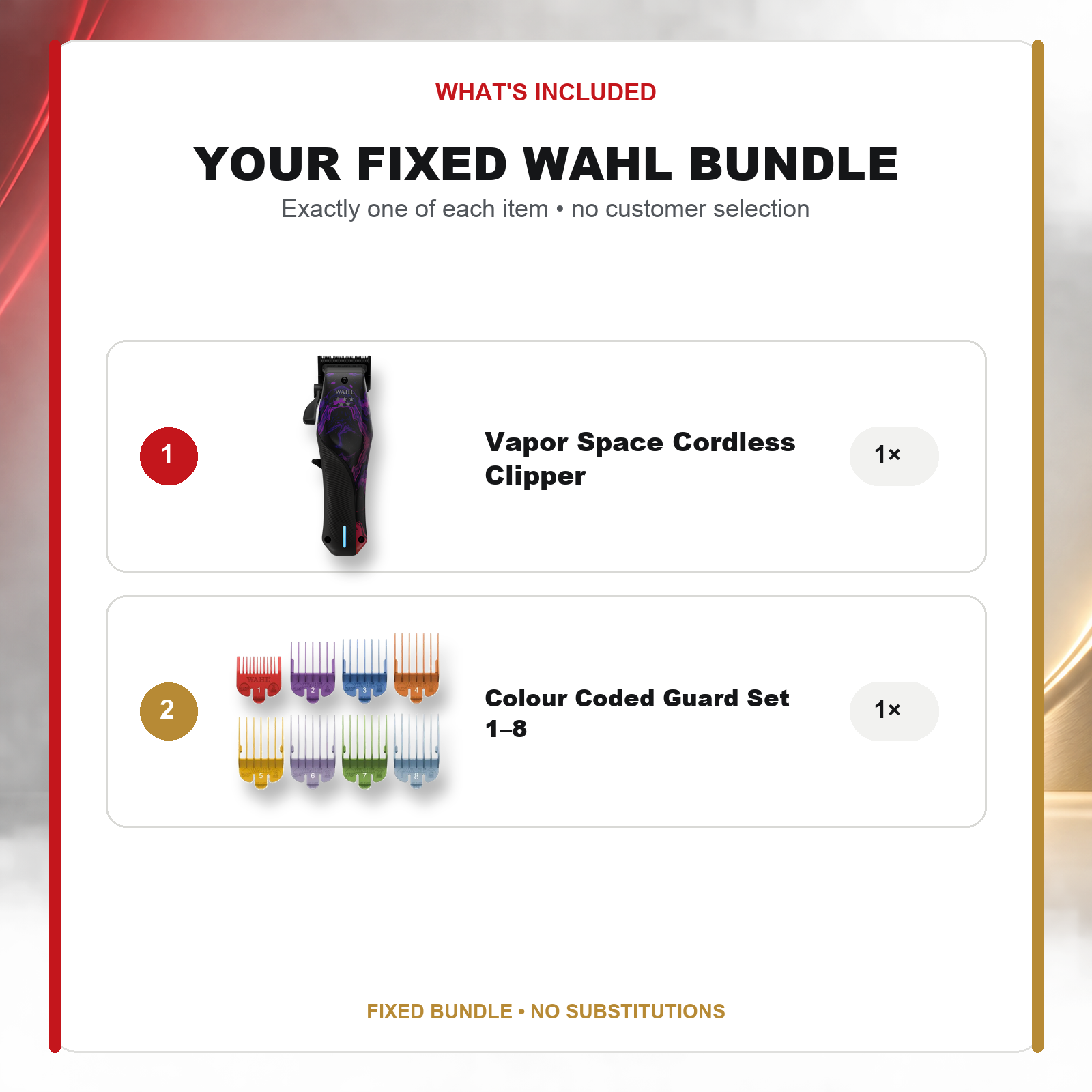 Wahl Vapor Space + Colour Coded Guard Set what’s included: one Wahl 5-Star Vapor Space Limited Edition Cordless Clipper with Charging Stand, one Wahl Colour Coded Clipper Guard Set 1–8 – Attachment Combs for Wahl Clippers