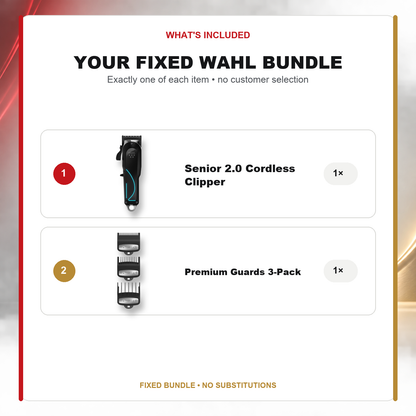 Wahl Senior 2.0 + Premium Guards 3-Pack what’s included: one Wahl Senior 2.0 Cordless Clipper – Professional Barber Hair Clipper, one Wahl Premium Guards 3 Pack