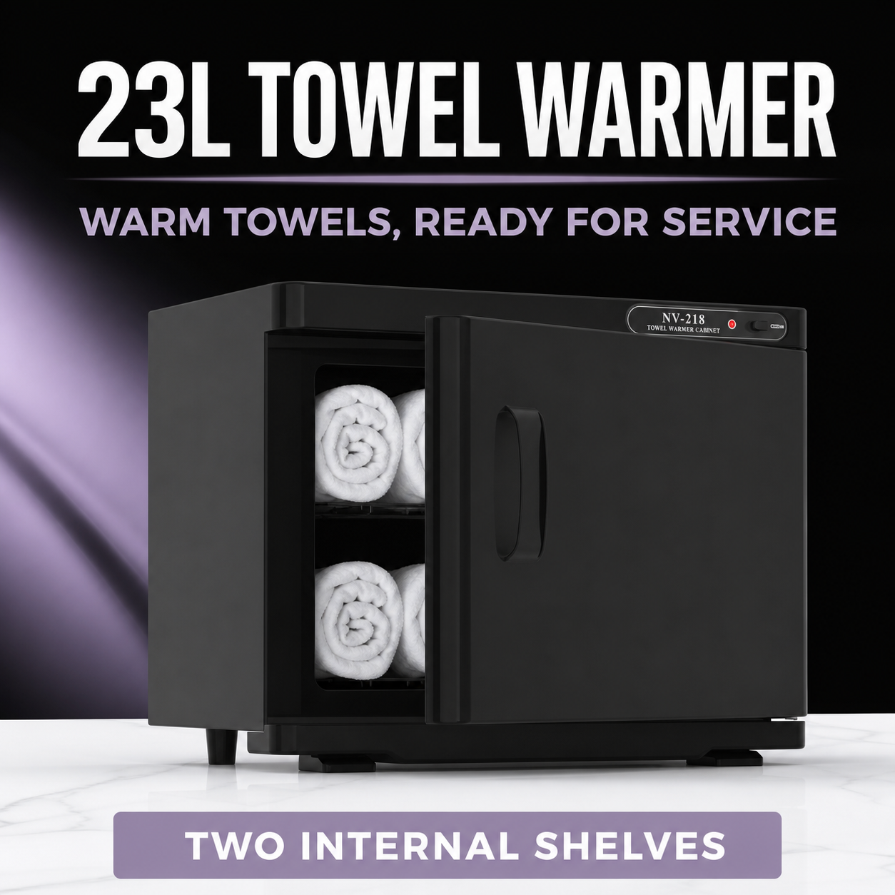 Black NV-218 23L towel warmer cabinet with two shelves and rolled towels