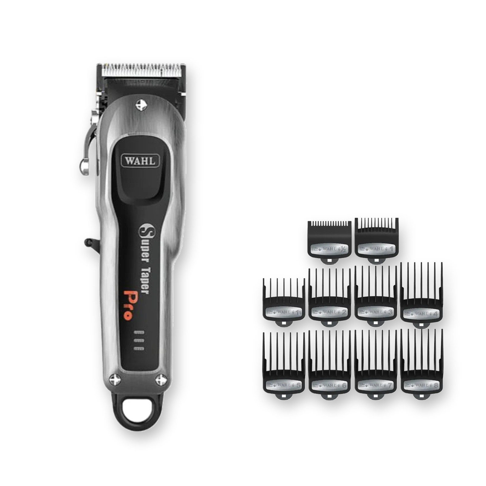 Wahl Super Taper Pro + Premium Guide Combs 10-Pack exact products on a clean white background