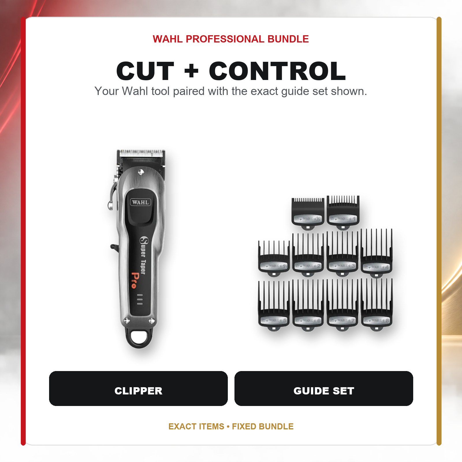 Wahl Super Taper Pro + Premium Guide Combs 10-Pack feature overview showing Wahl Super Taper Pro Cordless Clipper and WAHL Premium Guide Combs 10pk