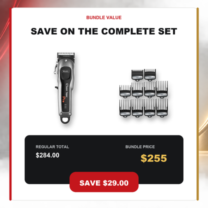 Wahl Super Taper Pro + Premium Guide Combs 10-Pack value graphic showing $29.00 AUD savings