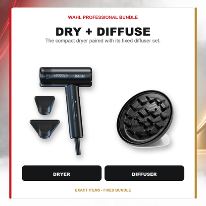 Wahl Vanquish Compact Dryer + Diffuser Set feature overview showing Wahl Vanquish Compact Hair Dryer - Black and Wahl Vanquish Diffuser Set