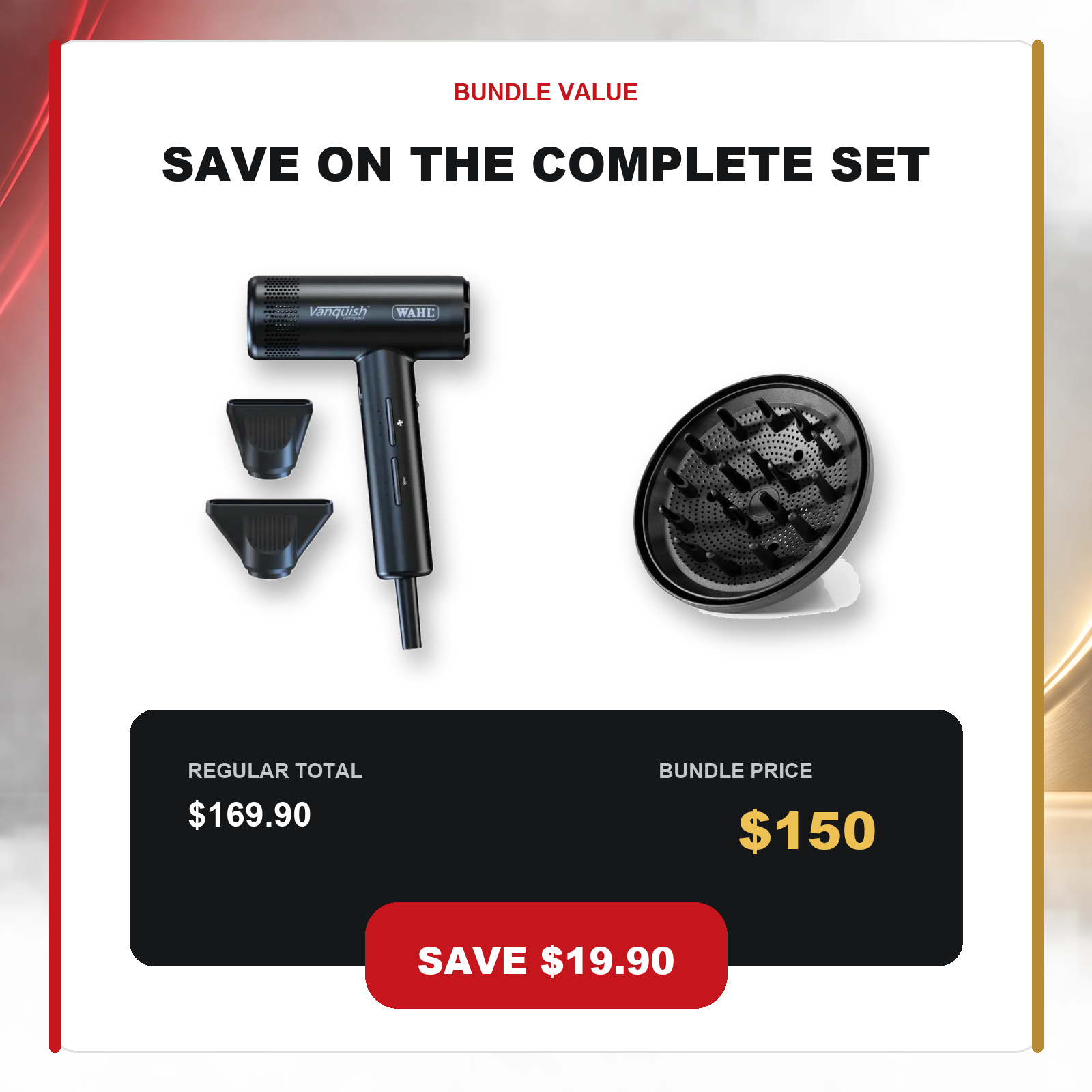 Wahl Vanquish Compact Dryer + Diffuser Set value graphic showing $19.90 AUD savings