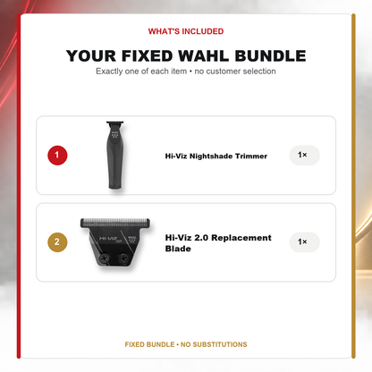 Wahl Hi-Viz Nightshade + Hi-Viz 2.0 Blade what’s included: one Wahl Hi-Viz Nightshade Trimmer, one Wahl Hi-Viz 2.0 Replacement Blade