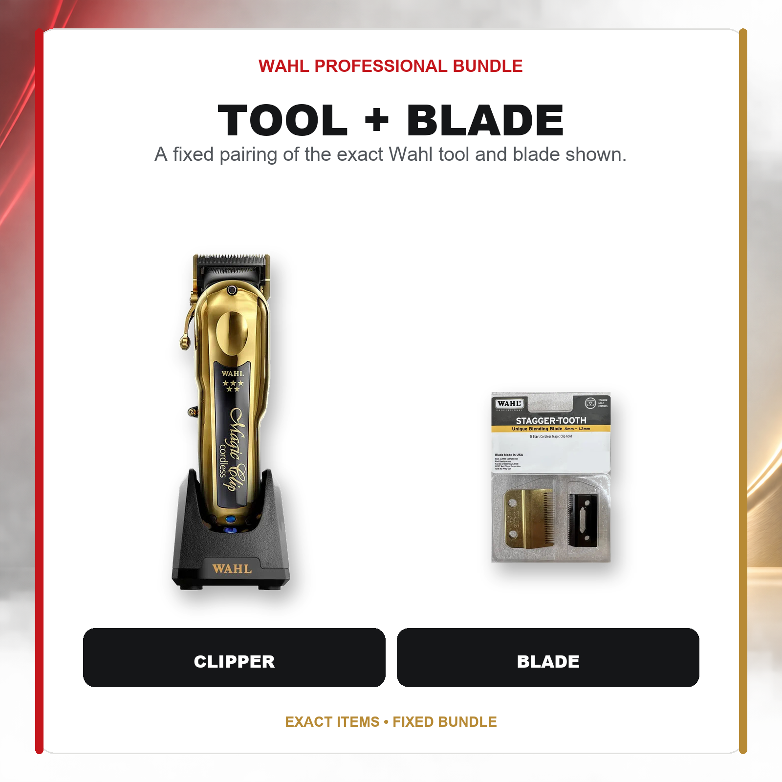 Wahl Gold Magic Clip + Stagger-Tooth Blending Blade feature overview showing Wahl 5 Star Gold Cordless Magic Clip and Wahl Clipper Gold Magic Cordless Stagger Tooth Unique Blending Blade