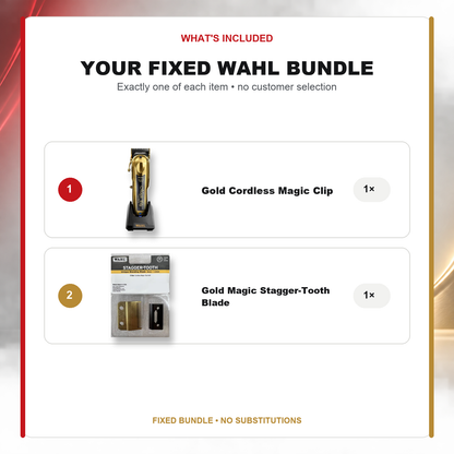 Wahl Gold Magic Clip + Stagger-Tooth Blending Blade what’s included: one Wahl 5 Star Gold Cordless Magic Clip, one Wahl Clipper Gold Magic Cordless Stagger Tooth Unique Blending Blade