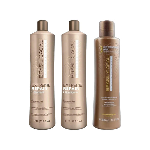 Brasil Cacau Extreme Repair Sulphate-Free Shampoo 1L, Extreme Repair Conditioner 1L & Deep Conditioning Mask – Step 3 1000ml Trio