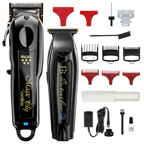 Wahl 5 Star Black Magic Clip and Black Detailer Li with guides and accessories, included in the kit