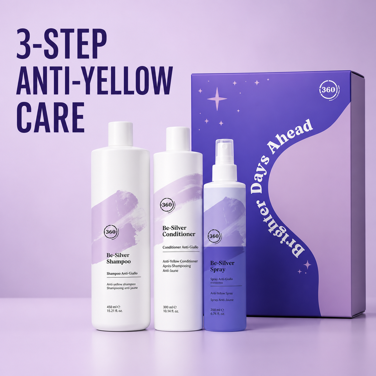 360 Be Silver three-step anti-yellow bundle with shampoo conditioner and spray
