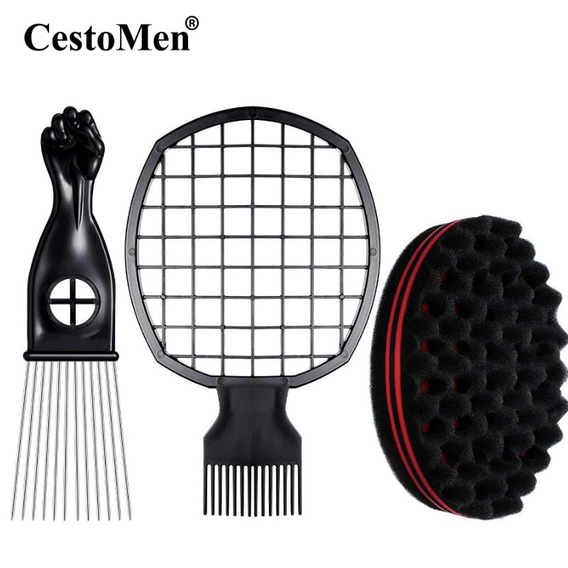 Wave hair brush set: sponge, twist comb, afro pick