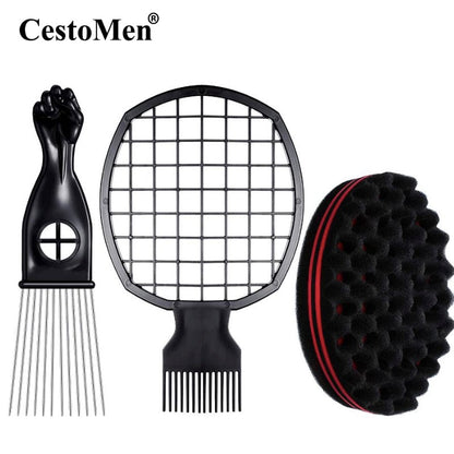 Wave hair brush set: sponge, twist comb, afro pick