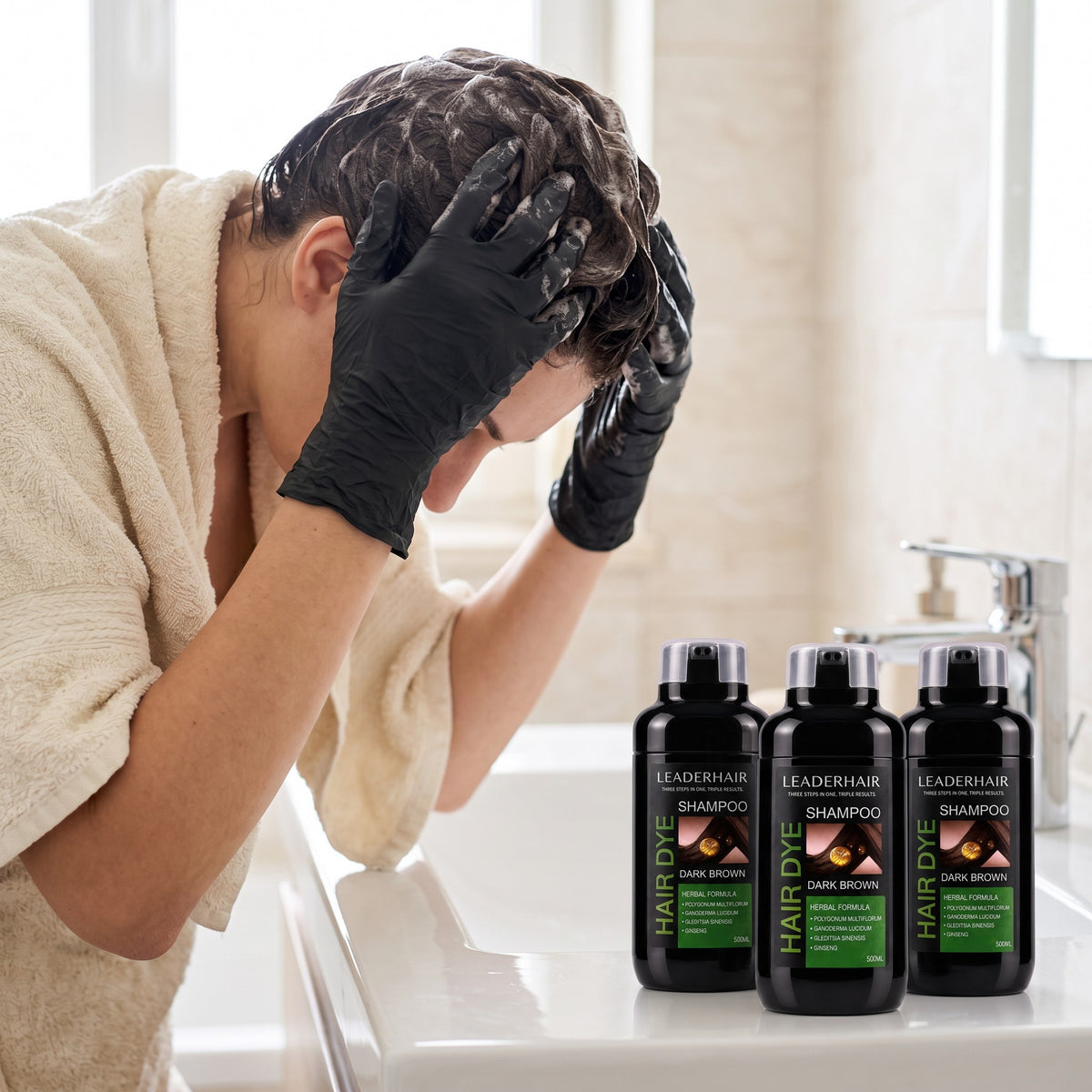 LEADERHAIR Instant Hair Dye Shampoo 3 Pack being applied in the shower