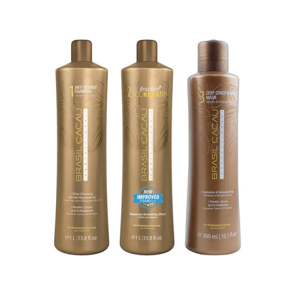 Brasil Cacau Anti-Residue Shampoo – Step 1 1000ml, ECO Keratin Treatment – Step 2 1000ml & Deep Conditioning Mask – Step 3 1000ml Trio