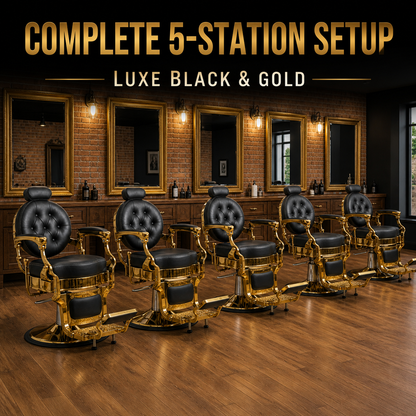 Complete five-station barbershop setup with five MV Baron Gold black and gold chairs