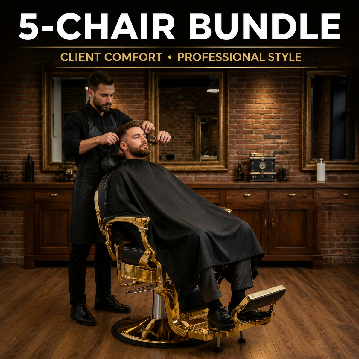 Client seated in MV Baron Gold vintage barber chair with client comfort and professional style benefits