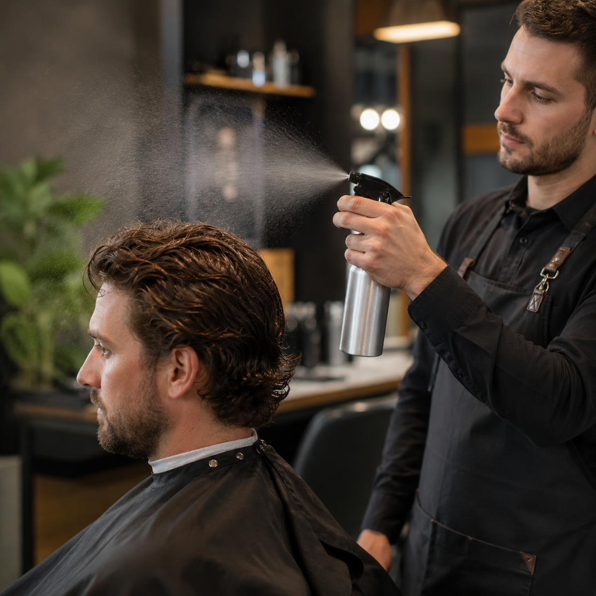 Barber safely misting an adult client's hair with the silver 500ml water spray bottle