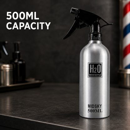 Silver 500ml barber water spray bottle capacity graphic on a barbershop counter