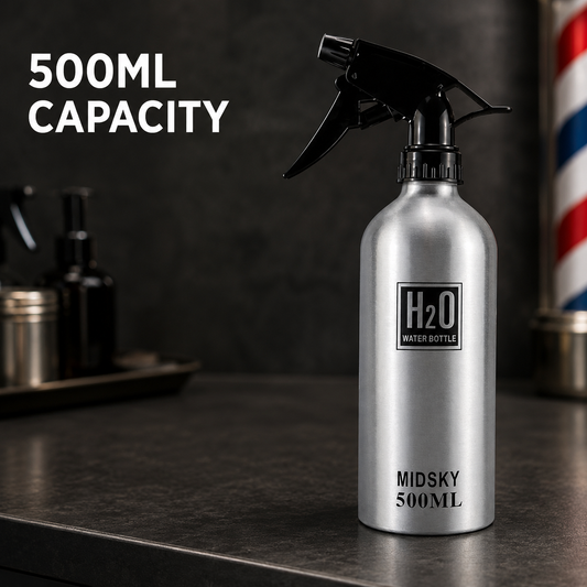 Silver 500ml barber water spray bottle capacity graphic on a barbershop counter