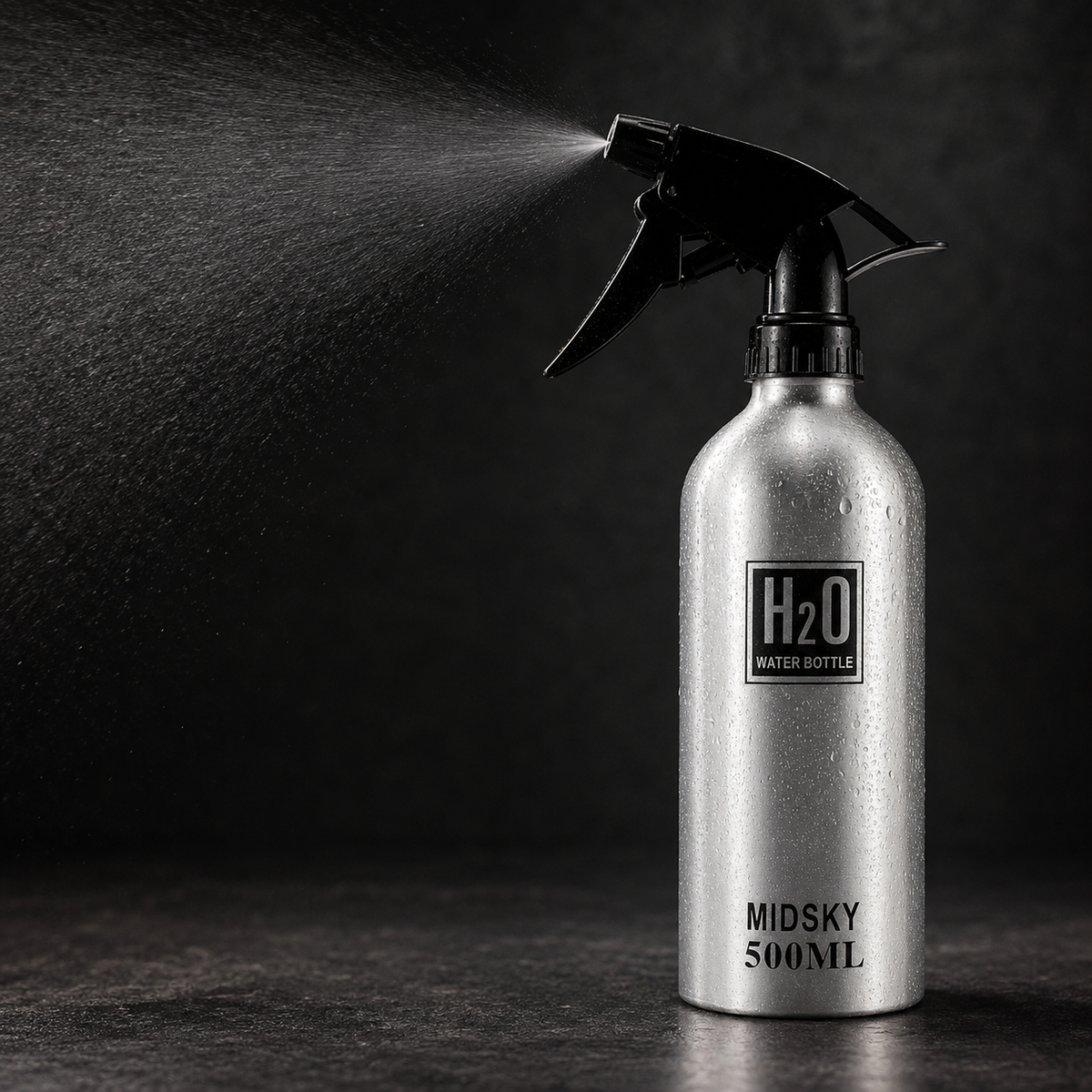 Silver 500ml barber water spray bottle showing its black trigger and fine mist pattern