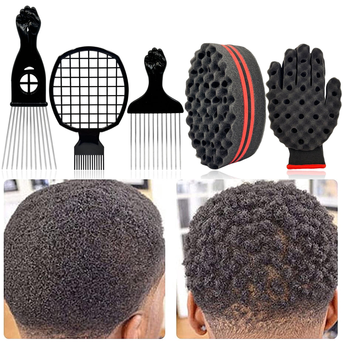 Wave Hair Brush Set – Hair Sponge, Twist Comb & Afro Pick