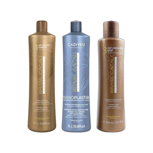 Brasil Cacau Anti-Residue Shampoo – Step 1 1000ml, NanoPLASTIA Treatment 1000ml & Deep Conditioning Mask – Step 3 1000ml Trio