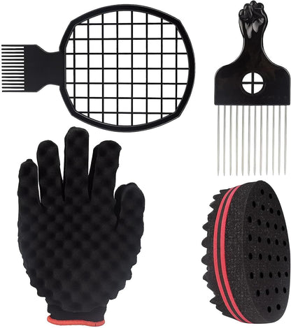 Wave Hair Brush Set – Hair Sponge, Twist Comb & Afro Pick