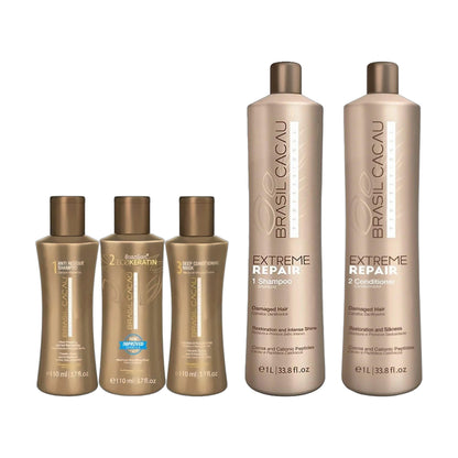 Brasil Cacau ECO Keratin Professional Kit 3 × 110ml, Extreme Repair Sulphate-Free Shampoo 1L & Extreme Repair Conditioner 1L Trio