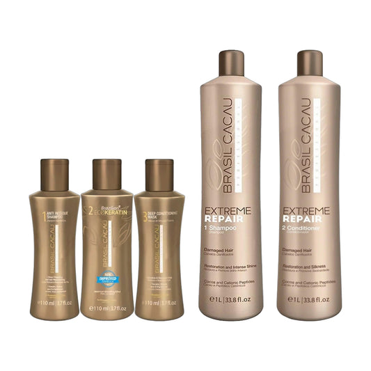 Brasil Cacau ECO Keratin Professional Kit 3 × 110ml, Extreme Repair Sulphate-Free Shampoo 1L & Extreme Repair Conditioner 1L Trio