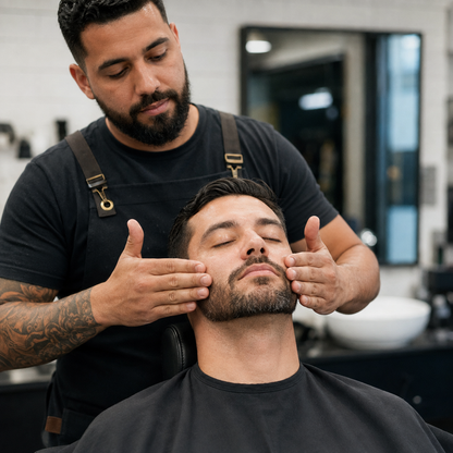 Barber safely applying a post-shave grooming product to an adult client's cheeks