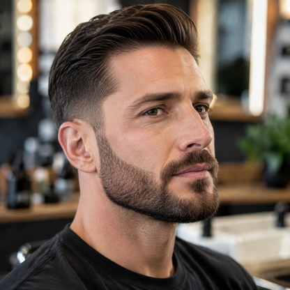 Finished post-shave grooming result with clean cheek, beard and neckline detail