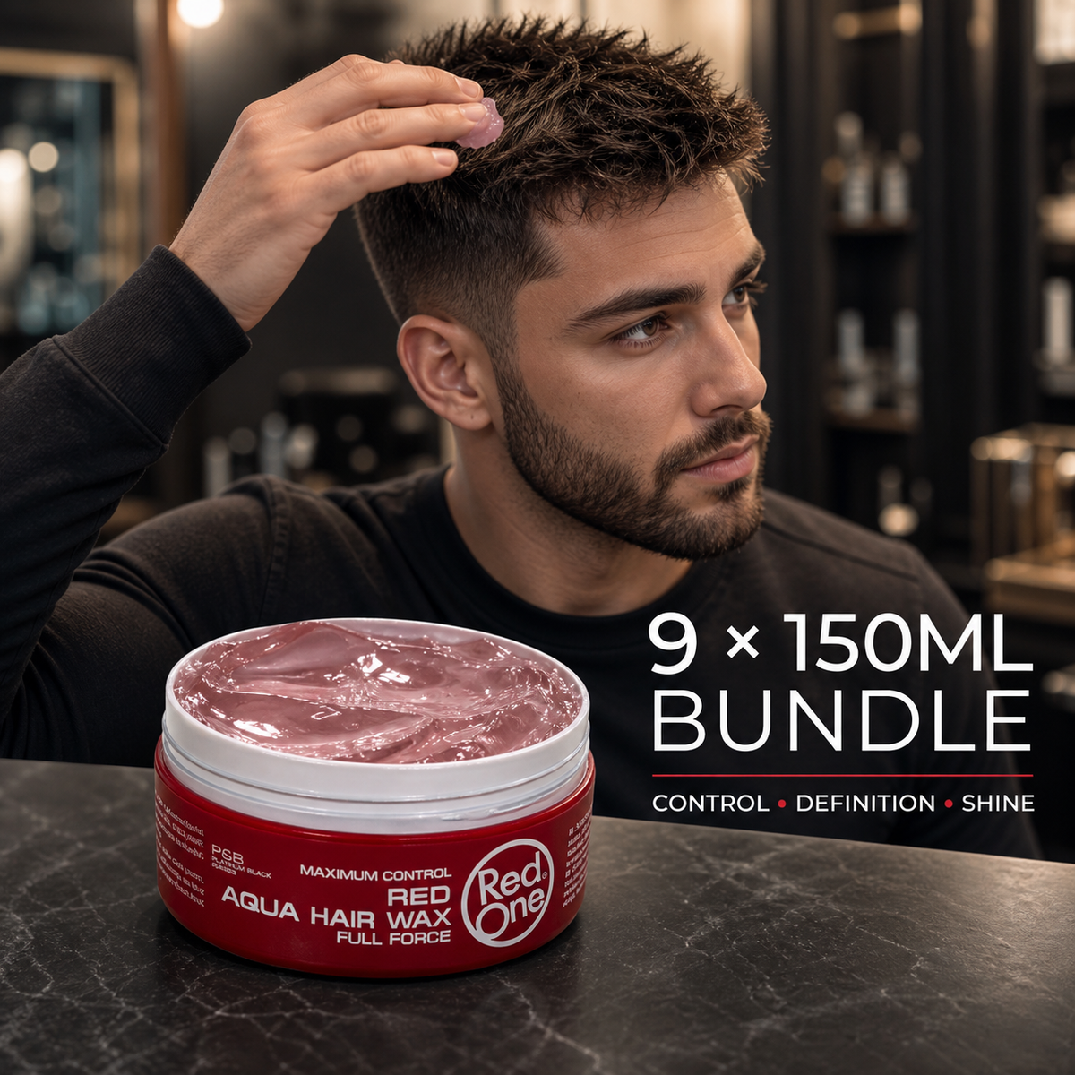 Man using RedOne Full Force Red Aqua Hair Wax with light translucent red gel wax and Control, Definition and Shine benefits