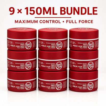 Nine RedOne Full Force Red Aqua Hair Wax 150ml tubs with Maximum Control and Full Force benefits