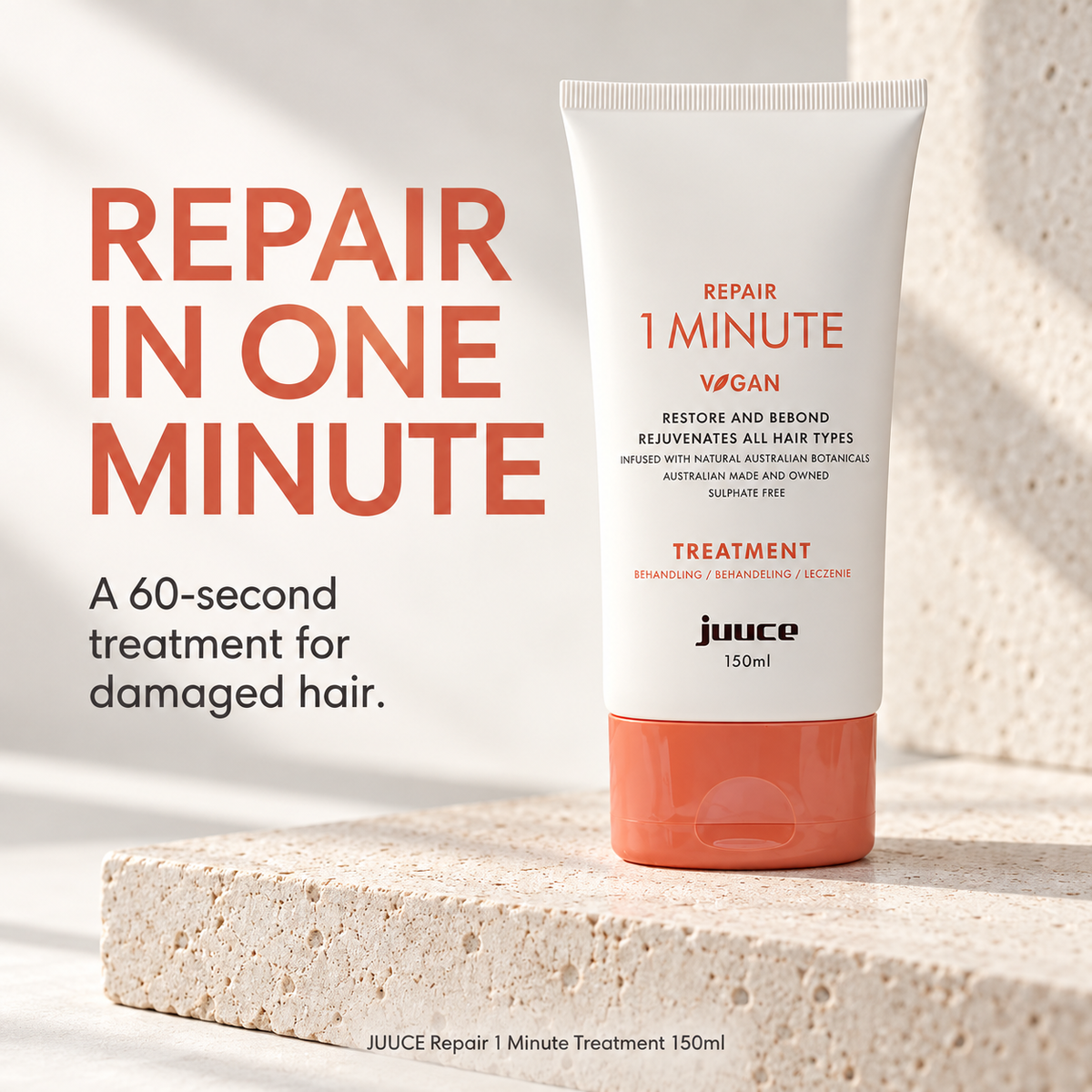 JUUCE Repair 1 Minute Treatment 150ml: REPAIR IN ONE MINUTE. A 60-second treatment for damaged hair.