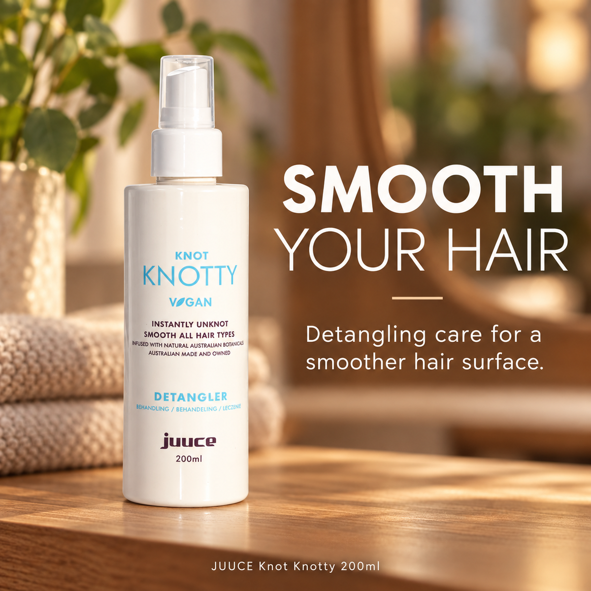 JUUCE Knot Knotty 200ml: SMOOTH YOUR HAIR. Detangling care for a smoother hair surface.