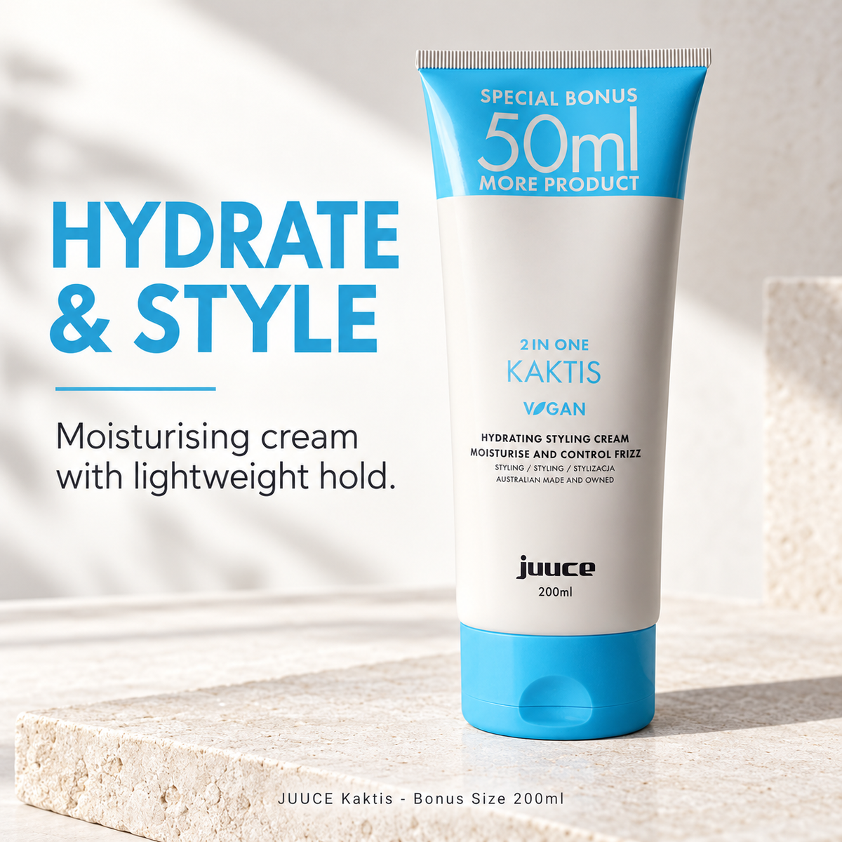 JUUCE Kaktis - Bonus Size 200ml: HYDRATE & STYLE. Moisturising cream with lightweight hold.